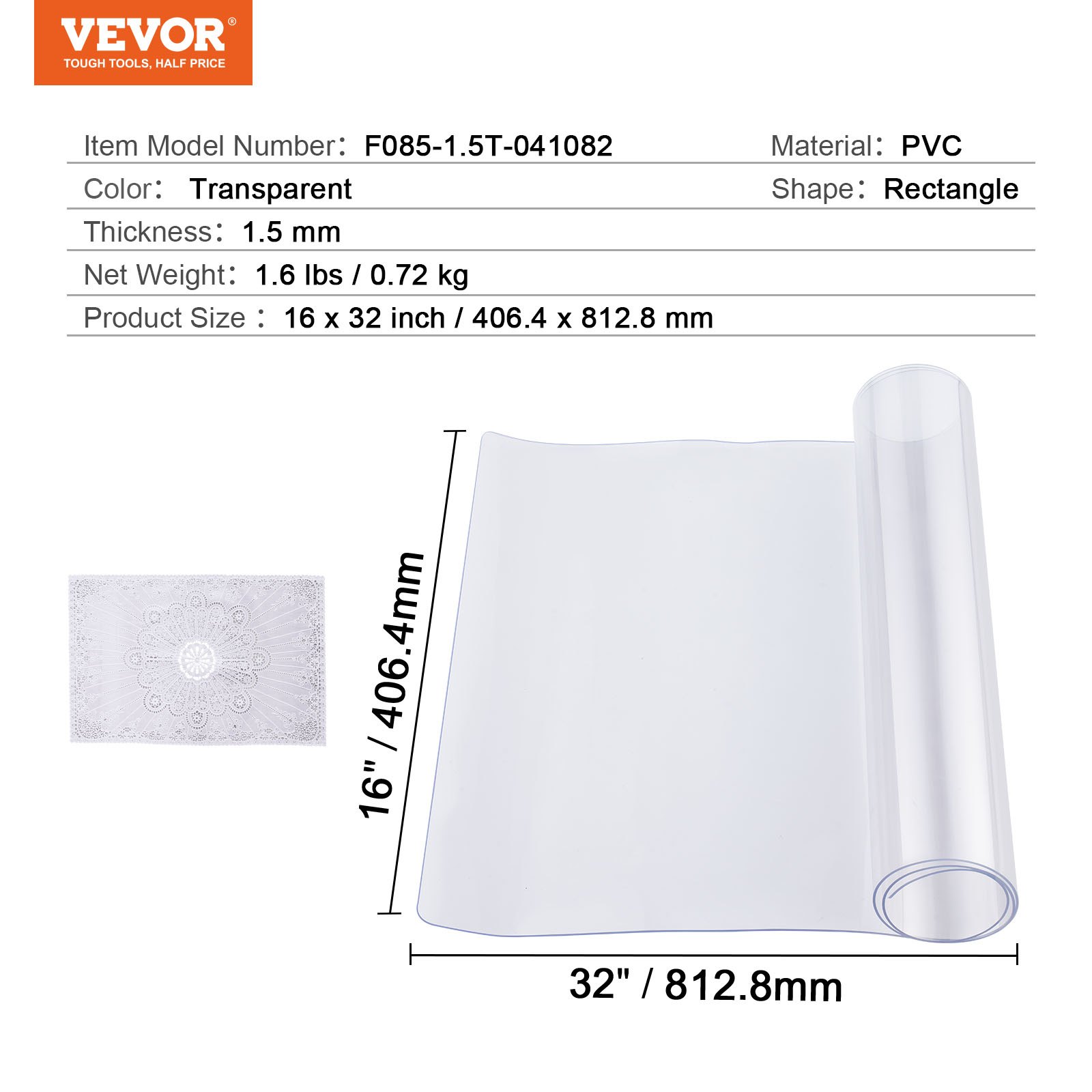 VEVOR Mantel Transparente Rectángulo 40,6 x 81,3 cm Mantel de PVC para Mesa Espesor de 1,5 mm Protector de Mesa de PVC Impermeable Fácil de Limpiar para Oficina, Cocina, Restaurante, Comedor