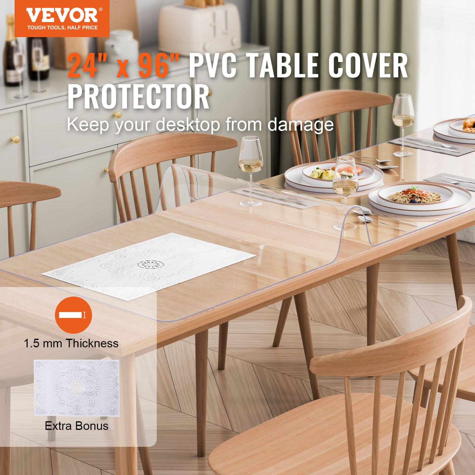 VEVOR Mantel Transparente Rectángulo 61,4 x 243,8 cm Mantel de PVC para Mesa Espesor de 1,5 mm Protector de Mesa de PVC Impermeable Fácil de Limpiar para Oficina, Cocina, Restaurante, Comedor