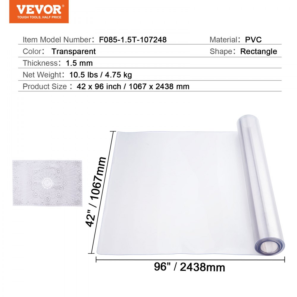 VEVOR Mantel Transparente Rectángulo 106,7 x 243,8 cm Mantel de PVC para Mesa Espesor de 1,5 mm Protector de Mesa de PVC Impermeable Fácil de Limpiar para Oficina, Cocina, Restaurante, Comedor