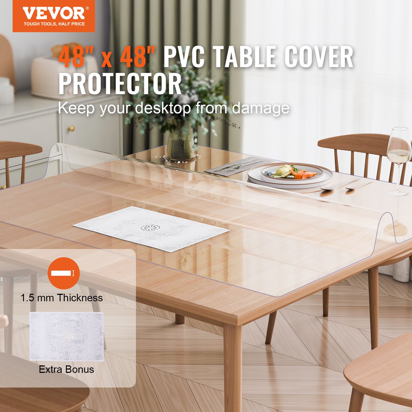 VEVOR Mantel Transparente Cuadrado 1219x1219 mm Mantel de PVC para Mesa Espesor de 1,5 mm Protector de Mesa de PVC Impermeable Fácil de Limpiar para Oficina, Cocina, Restaurante, Comedor