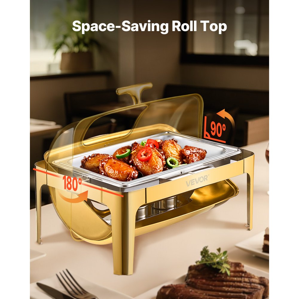 VEVOR Juego de Calentador de Alimentos Acero Inoxidable con Sartenes Tamaño Completo(8,5 L), Rectangular, con Tapa Visible y Soporte para Bandeja de Agua y Depósito de Combustible, Dorado, 1 ud