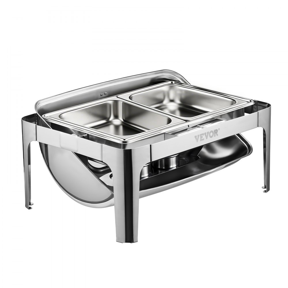 VEVOR Juego de Calentador de Alimentos de Acero Inoxidable con 2 Cacerolas de Tamaño Medio(3,9 L), Rectangular, Tapa Visible y Soporte para Bandeja de Agua y Depósito de Combustible, Plata, 1 ud