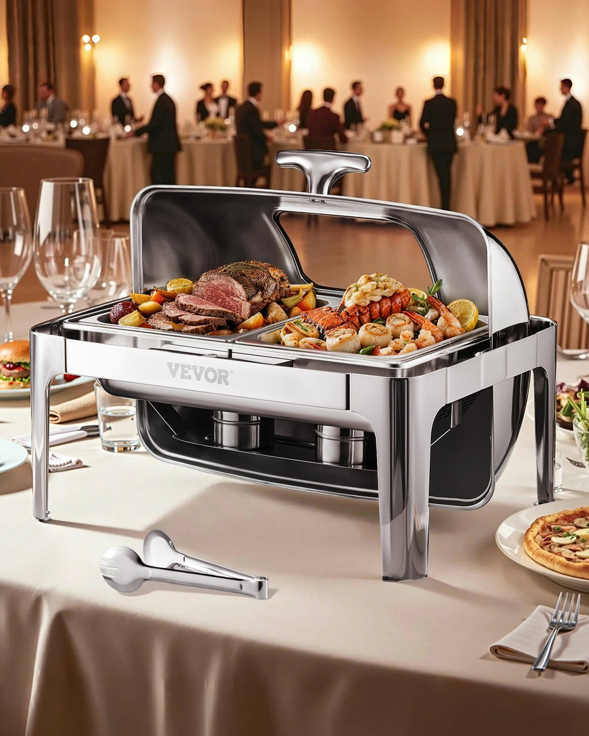 VEVOR Juego de Calentador de Alimentos de Acero Inoxidable con 2 Cacerolas de Tamaño Medio(3,9 L), Rectangular, Tapa Visible y Soporte para Bandeja de Agua y Depósito de Combustible, Plata, 1 ud
