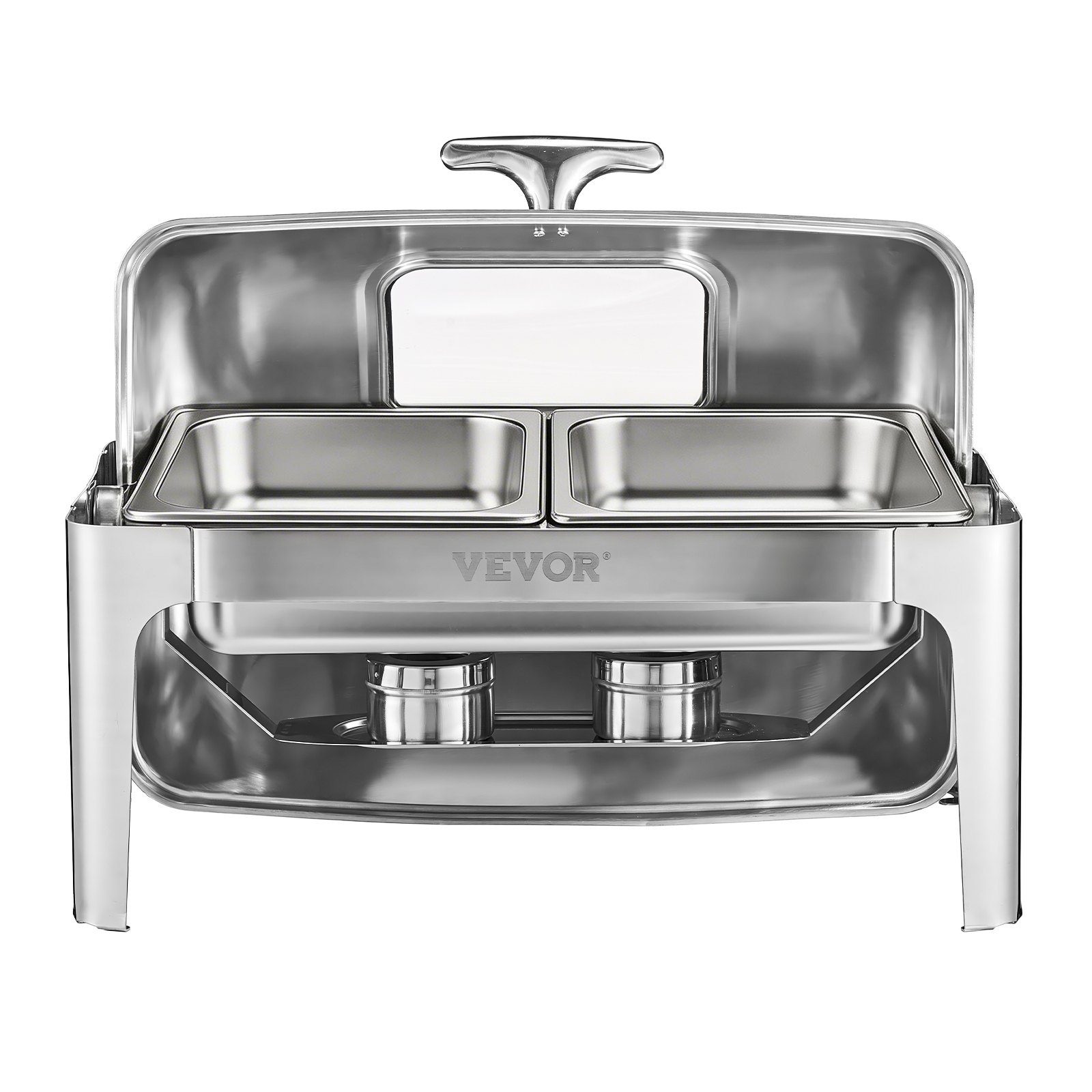 VEVOR Juego de Calentador de Alimentos de Acero Inoxidable con 2 Cacerolas de Tamaño Medio(3,9 L), Rectangular, Tapa Visible y Soporte para Bandeja de Agua y Depósito de Combustible, Plata, 1 ud
