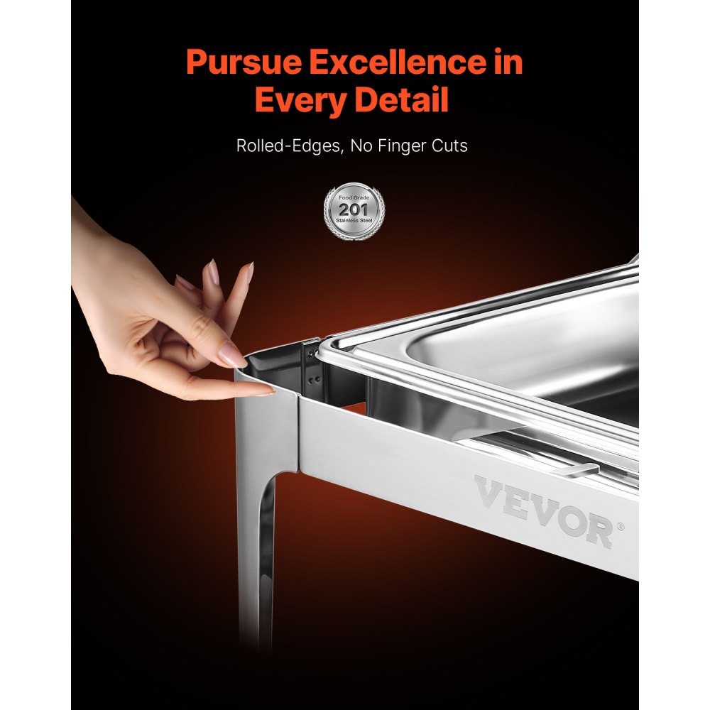VEVOR Chafing Dish Set, Stainless Steel Food Warmer with Full-Size Pans (8.5 L), Rectangular Heater with Roll-Top Lid, Water Pan Stand, and Fuel Holder, for Buffets, Silver