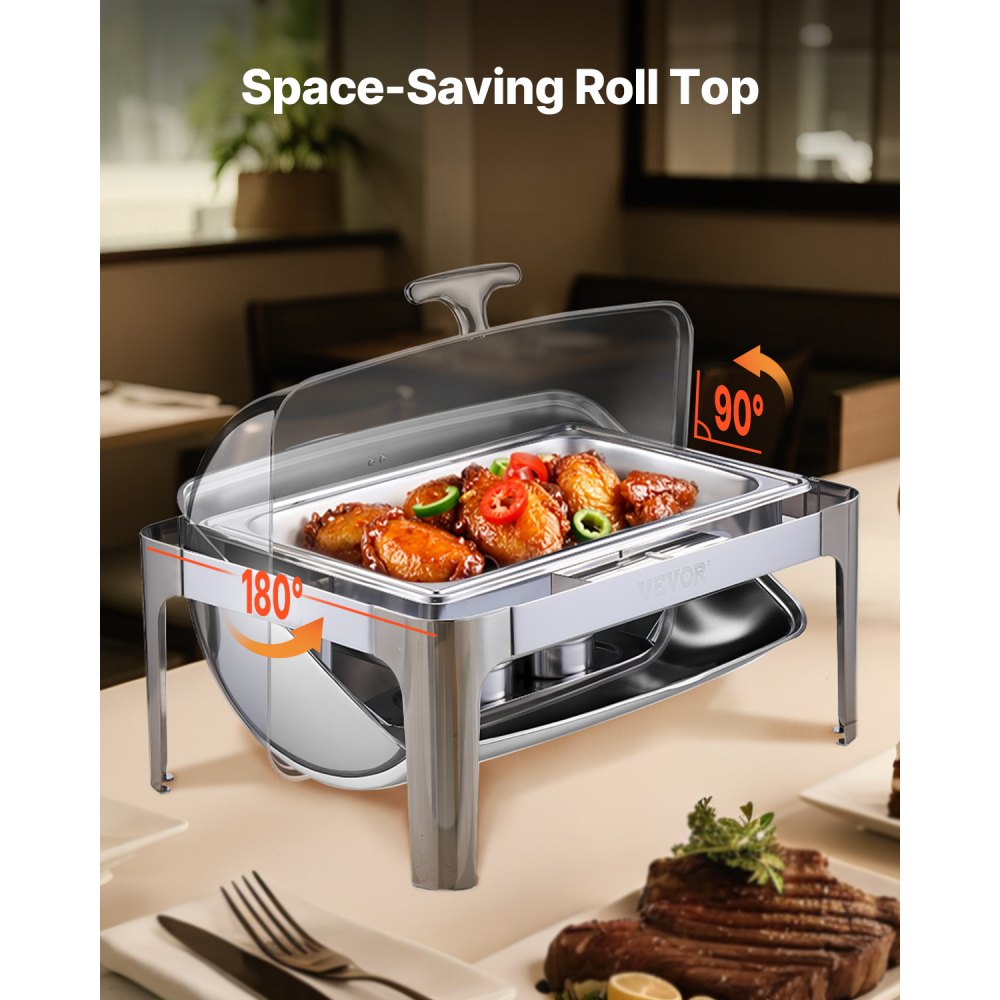 VEVOR Juego de Calentador de Alimentos Acero Inoxidable con Sartenes(8,5 L), Rectangular, Tapa Enrollable y Soporte para Bandeja Agua y Depósito de Combustible, para Bufé, Plata, Gran Capacidad