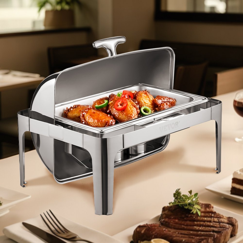 VEVOR Juego de Calentador de Alimentos Acero Inoxidable con Sartenes(8,5 L), Rectangular, Tapa Enrollable y Soporte para Bandeja Agua y Depósito de Combustible, para Bufé, Plata, Gran Capacidad