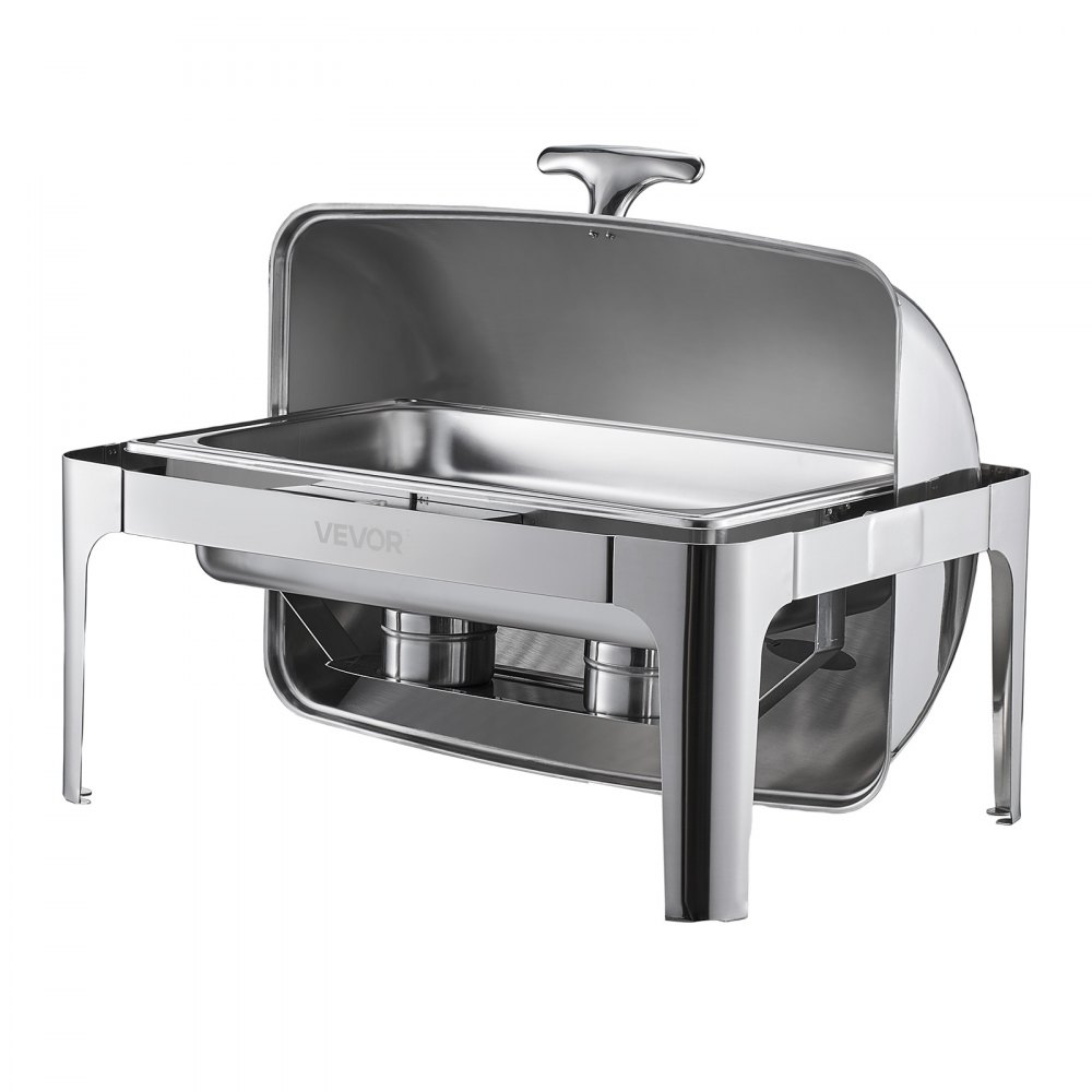 VEVOR Juego de Calentador de Alimentos Acero Inoxidable con Sartenes(8,5 L), Rectangular, Tapa Enrollable y Soporte para Bandeja Agua y Depósito de Combustible, para Bufé, Plata, Gran Capacidad