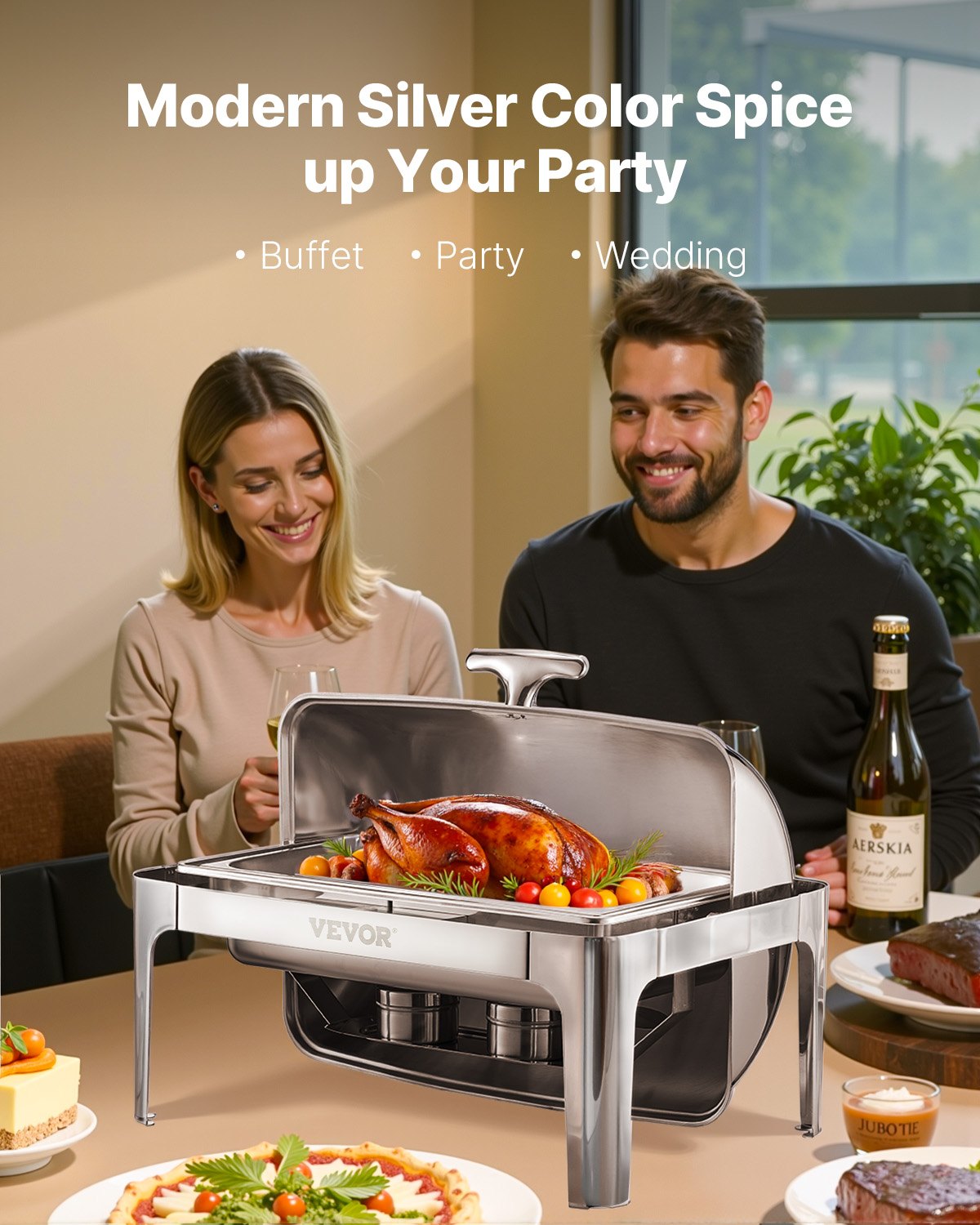 VEVOR Juego de Calentador de Alimentos Acero Inoxidable con Sartenes(8,5 L), Rectangular, Tapa Enrollable y Soporte para Bandeja Agua y Depósito de Combustible, para Bufé, Plata, Gran Capacidad