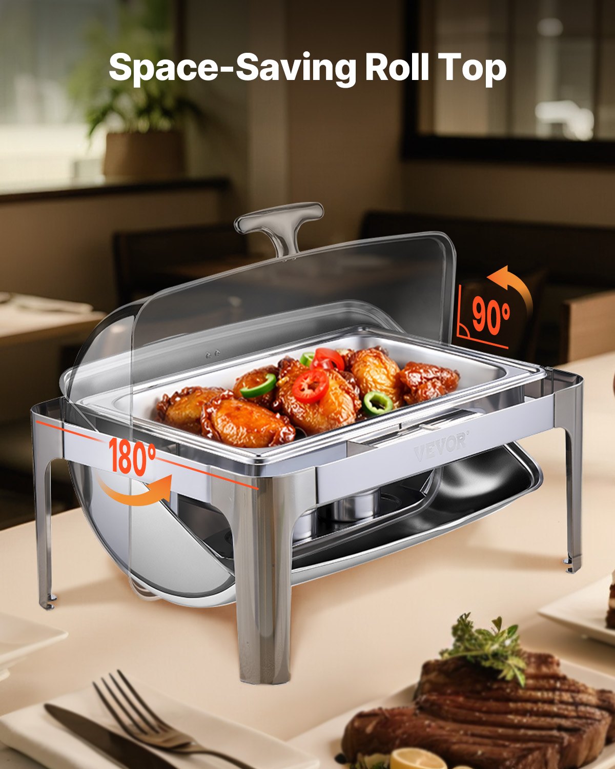 VEVOR Juego de Calentador de Alimentos Acero Inoxidable con Sartenes(8,5 L), Rectangular, Tapa Enrollable y Soporte para Bandeja Agua y Depósito de Combustible, para Bufé, Plata, Gran Capacidad