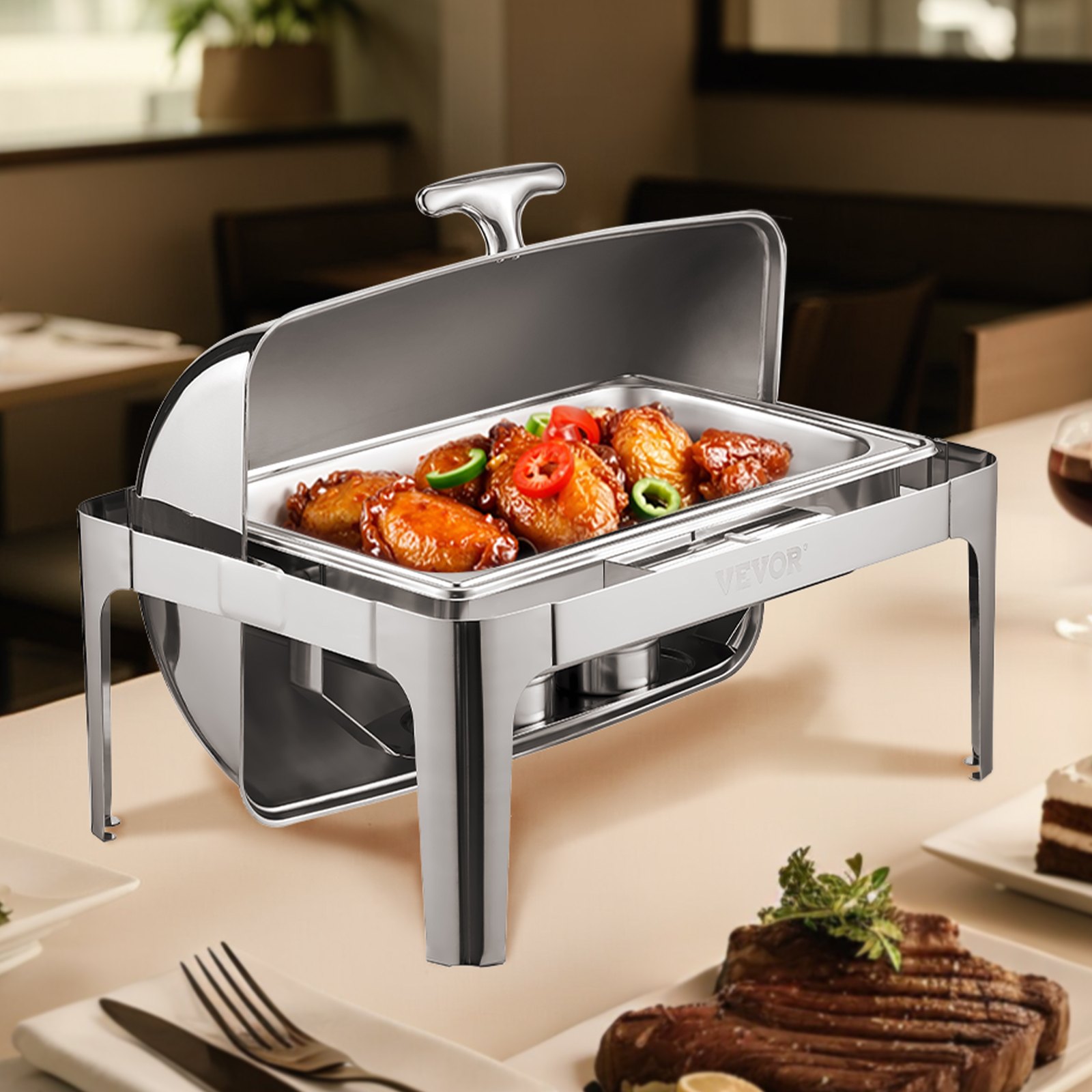VEVOR Juego de Calentador de Alimentos Acero Inoxidable con Sartenes(8,5 L), Rectangular, Tapa Enrollable y Soporte para Bandeja Agua y Depósito de Combustible, para Bufé, Plata, Gran Capacidad