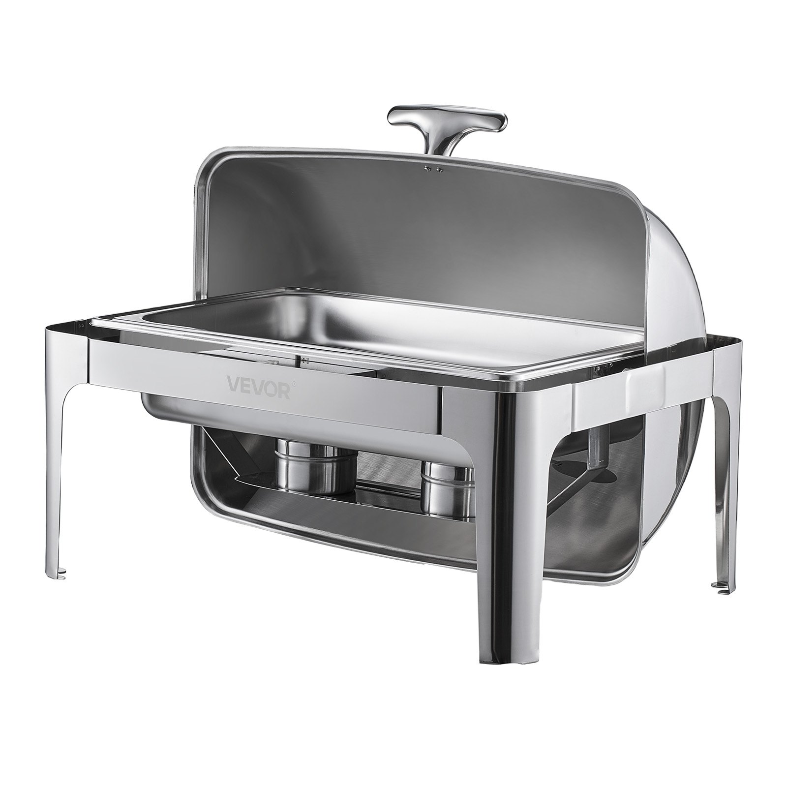 VEVOR Juego de Calentador de Alimentos Acero Inoxidable con Sartenes(8,5 L), Rectangular, Tapa Enrollable y Soporte para Bandeja Agua y Depósito de Combustible, para Bufé, Plata, Gran Capacidad