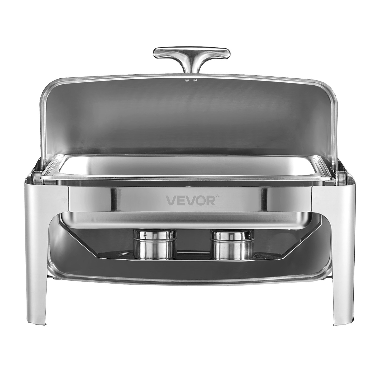 VEVOR Juego de Calentador de Alimentos Acero Inoxidable con Sartenes(8,5 L), Rectangular, Tapa Enrollable y Soporte para Bandeja Agua y Depósito de Combustible, para Bufé, Plata, Gran Capacidad