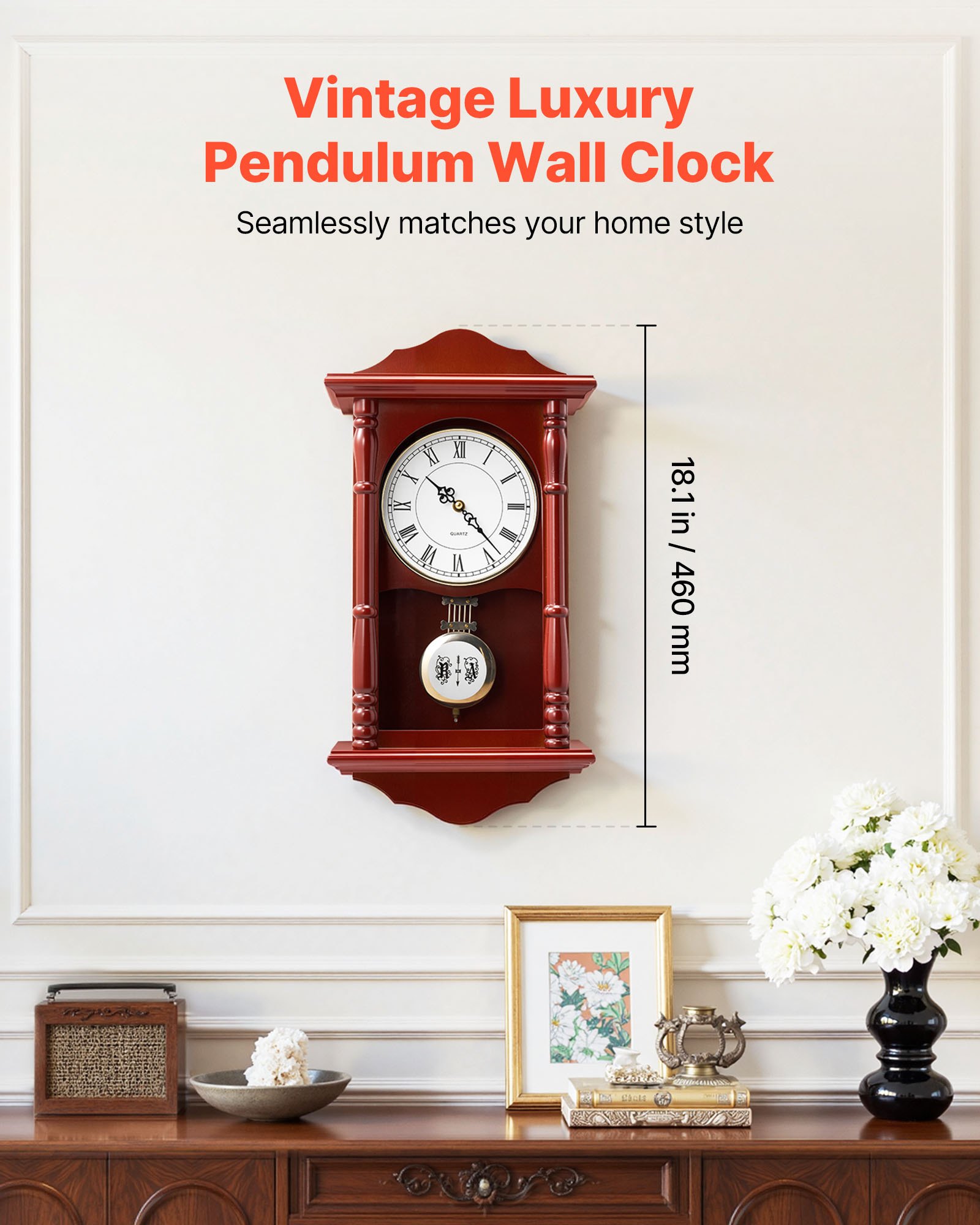 VEVOR Grandfather Clock, 457.2 mm Classic Vintage Pendulum Clock, Pine Wood & MDF Wall Clocks with Quartz Movement and Quiet Design, for Living Room, Bedroom, Home Decor & Gift (Cherry Tone Finish)