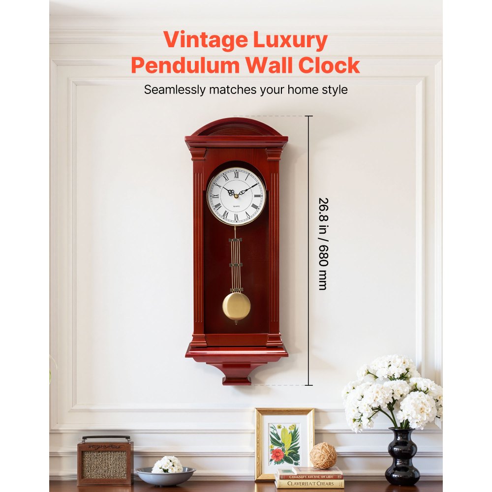 VEVOR Grandfather Clock, 678.2 mm Classic Vintage Pendulum Clock, Pine Wood & MDF Wall Clocks with Quartz Movement and Quiet Design, for Living Room, Bedroom, Home Decor & Gift (Cherry Tone Finish)