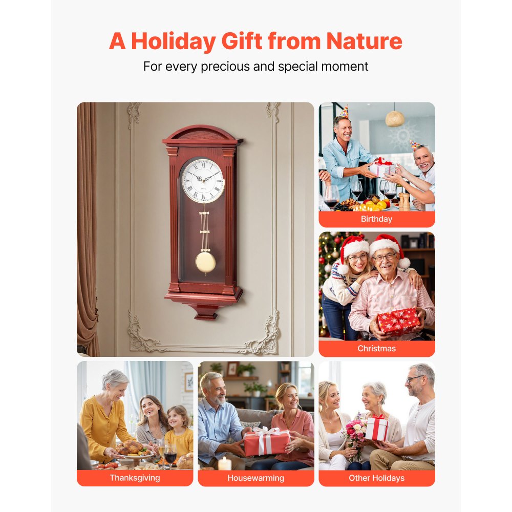 VEVOR Grandfather Clock, 678.2 mm Classic Vintage Pendulum Clock, Pine Wood & MDF Wall Clocks with Quartz Movement and Quiet Design, for Living Room, Bedroom, Home Decor & Gift (Cherry Tone Finish)