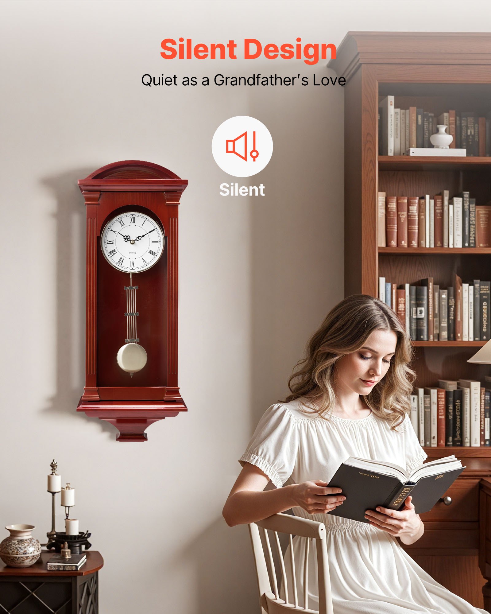 VEVOR Grandfather Clock, 678.2 mm Classic Vintage Pendulum Clock, Pine Wood & MDF Wall Clocks with Quartz Movement and Quiet Design, for Living Room, Bedroom, Home Decor & Gift (Cherry Tone Finish)