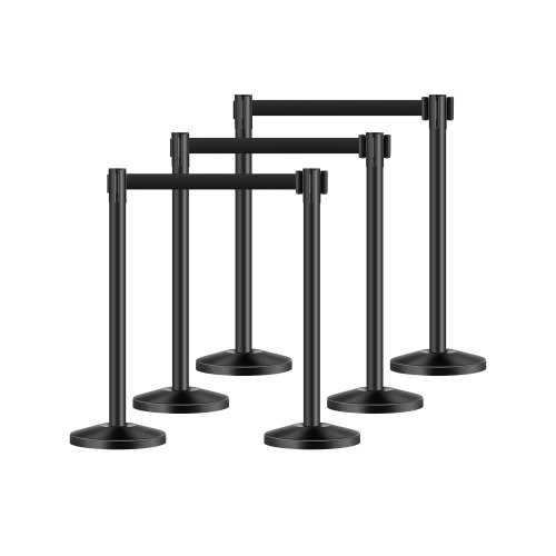 VEVOR 6 PCS Poste de Estaca de Acero al Carbono de 2 m con Base Hueca de Inyección de Arena y 6 Cinturones Retráctiles Negros, Barreras de Control de Multitudes para Teatro, Fiesta, Boda, Negro