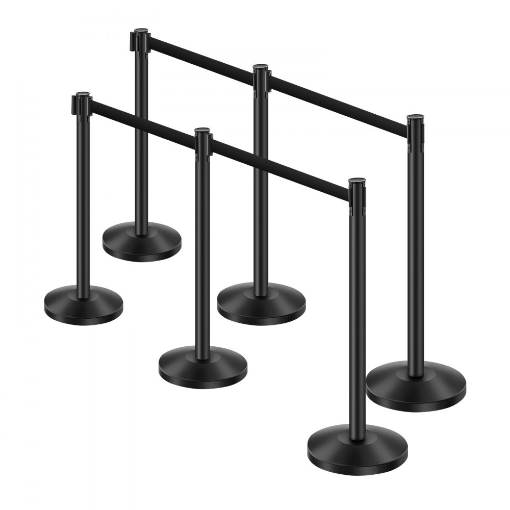 VEVOR 6 PCS Poste de Estaca de Acero al Carbono de 2 m con Base Hueca de Inyección de Arena y 6 Cinturones Retráctiles Negros, Barreras de Control de Multitudes para Teatro, Fiesta, Boda, Negro