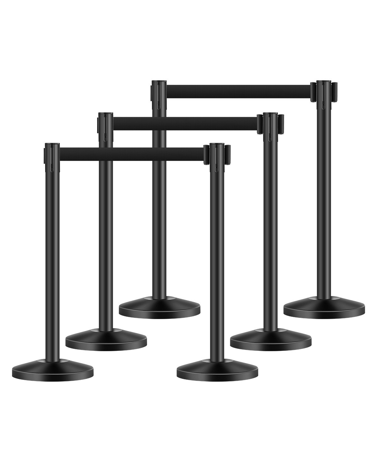 VEVOR 6 PCS Poste de Estaca de Acero al Carbono de 2 m con Base Hueca de Inyección de Arena y 6 Cinturones Retráctiles Negros, Barreras de Control de Multitudes para Teatro, Fiesta, Boda, Negro
