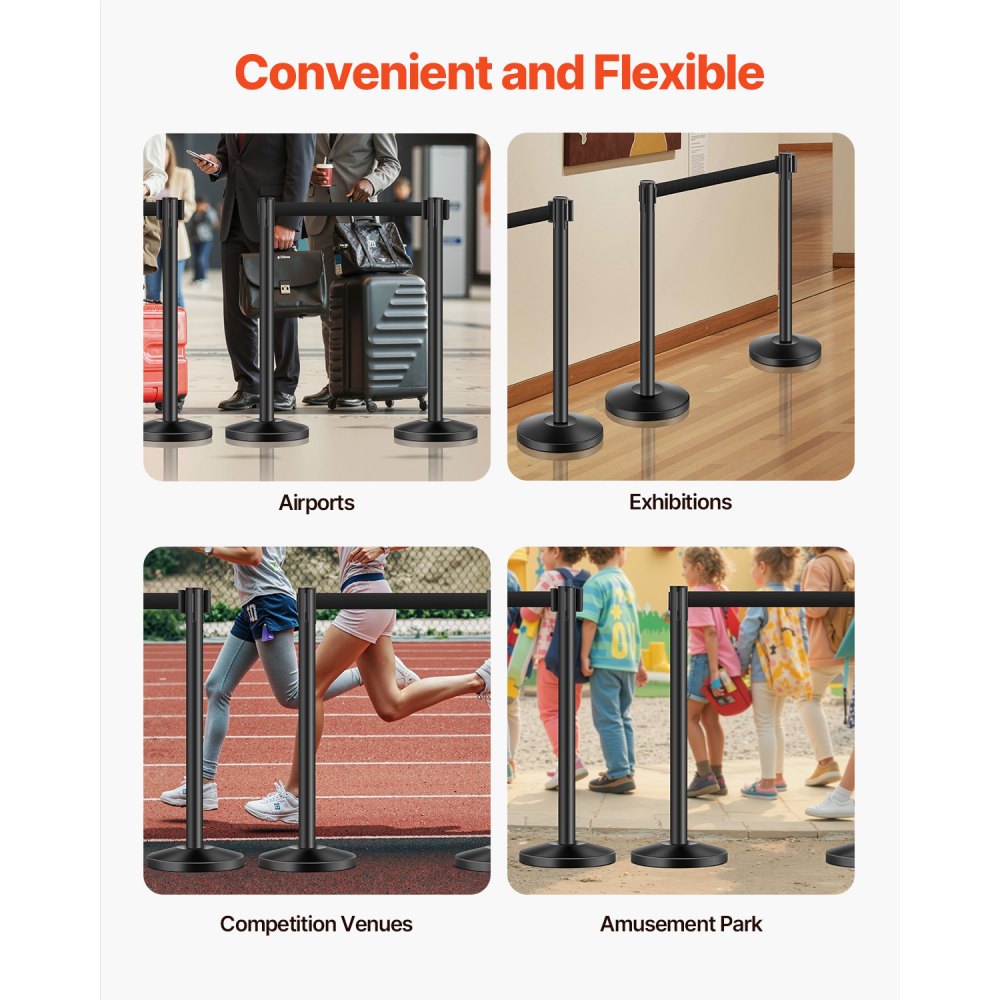 VEVOR Crowd Control Posts (4 pcs) with 4 Retractable Straps, Carbon Steel Barrier Posts with Hollow Base for Weddings, Exhibitions, Black