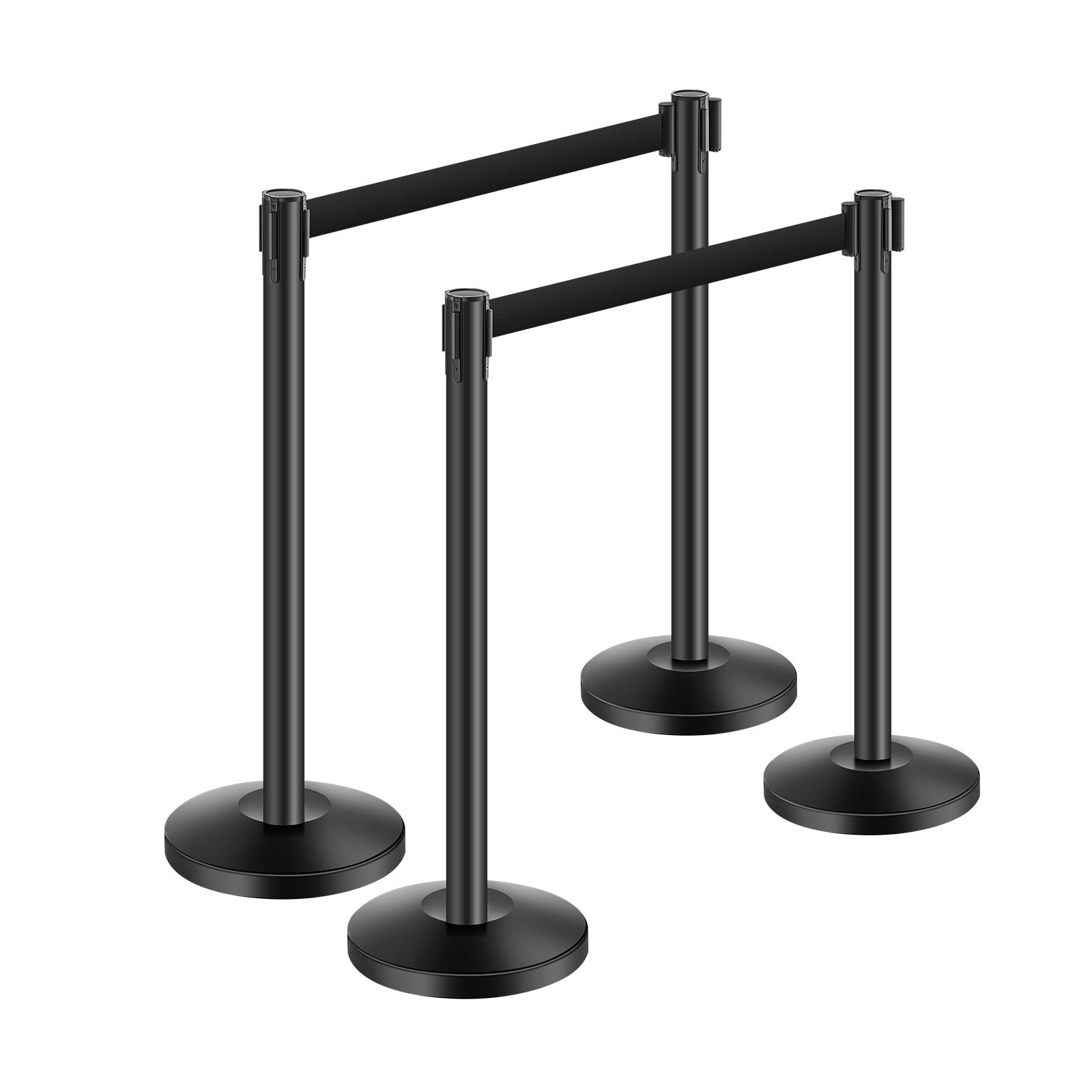 VEVOR Crowd Control Posts (4 pcs) with 4 Retractable Straps, Carbon Steel Barrier Posts with Hollow Base for Weddings, Exhibitions, Black