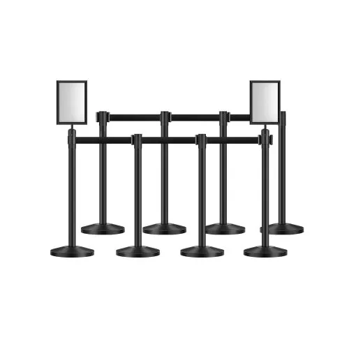 VEVOR 8 PCS Poste de Estaca de Acero al Carbono de 2 m con Base Hueca de Inyección de Arena, Cinturones Retráctiles Negros y 2 Soportes para Letreros para Teatro, Fiesta, Boda, Exposición, Negro