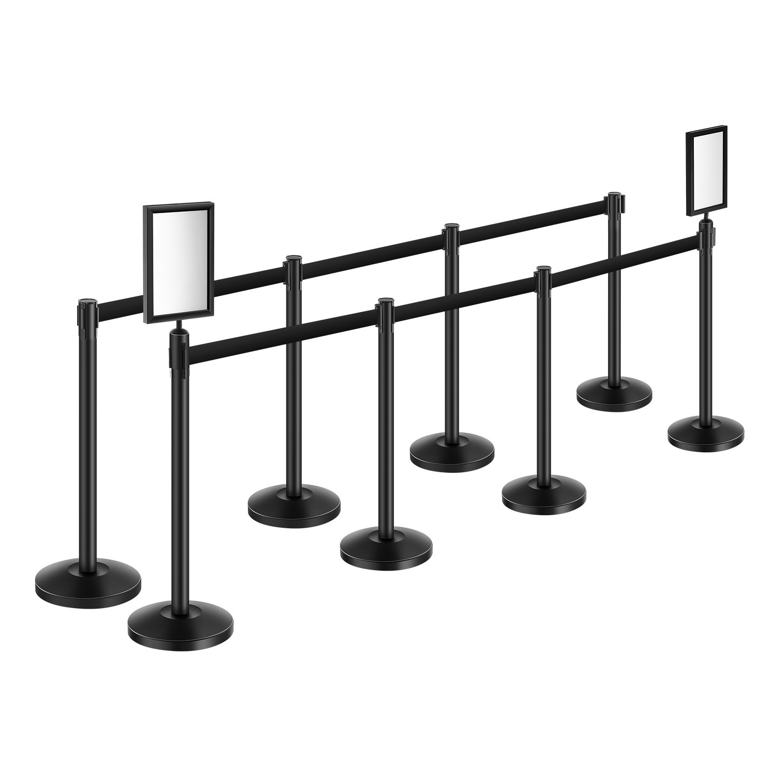 VEVOR 8 PCS Poste de Estaca de Acero al Carbono de 2 m con Base Hueca de Inyección de Arena, Cinturones Retráctiles Negros y 2 Soportes para Letreros para Teatro, Fiesta, Boda, Exposición, Negro