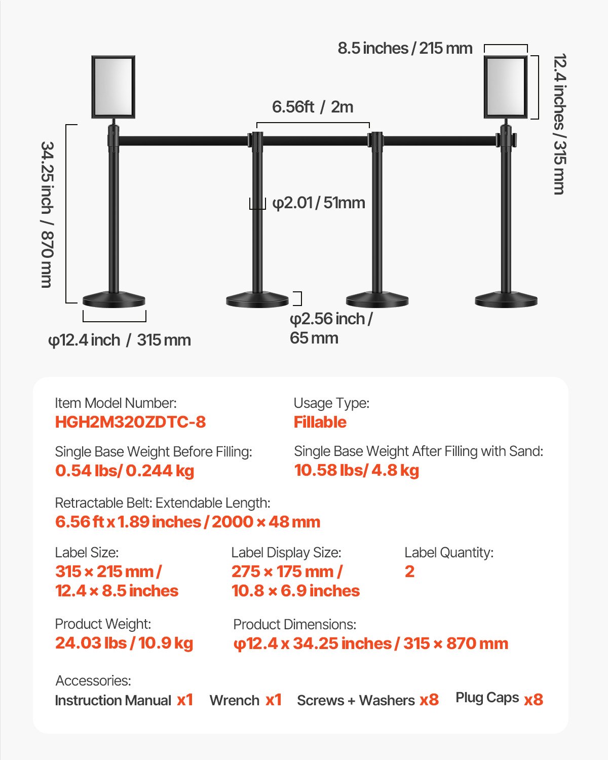 VEVOR Crowd Control Posts (8 pcs) with 8 retractable straps & 2 sign holders, carbon steel barrier posts with refillable base for exhibitions