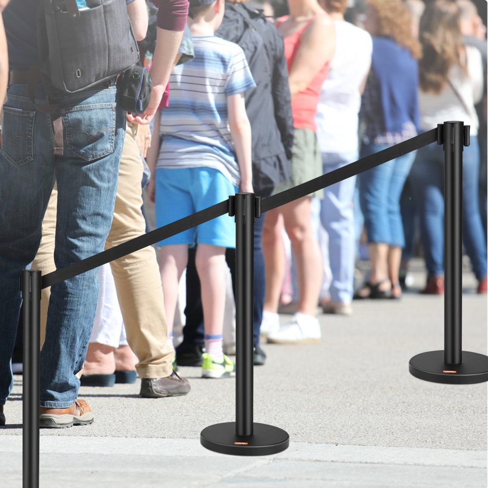 VEVOR Poste Guía 2 Piezas Barrera de Marcado de Control de Multitudes de 90 cm con Cinta Retráctil de 200 cm para Separación de Cola de Demarcación en Escuelas Públicas Teatro Hotel Exposición, Negro