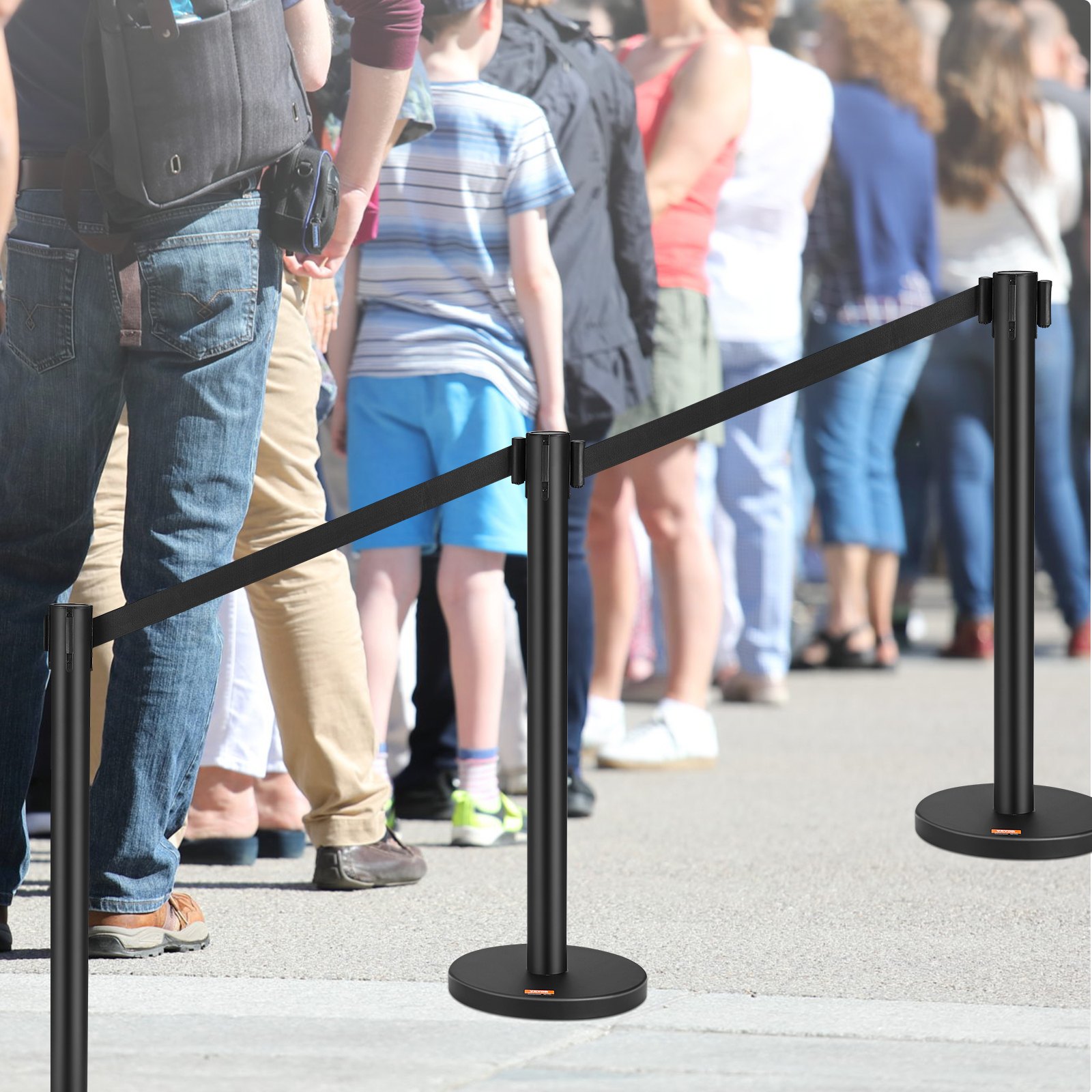 VEVOR Poste Guía 2 Piezas Barrera de Marcado de Control de Multitudes de 90 cm con Cinta Retráctil de 200 cm para Separación de Cola de Demarcación en Escuelas Públicas Teatro Hotel Exposición, Negro