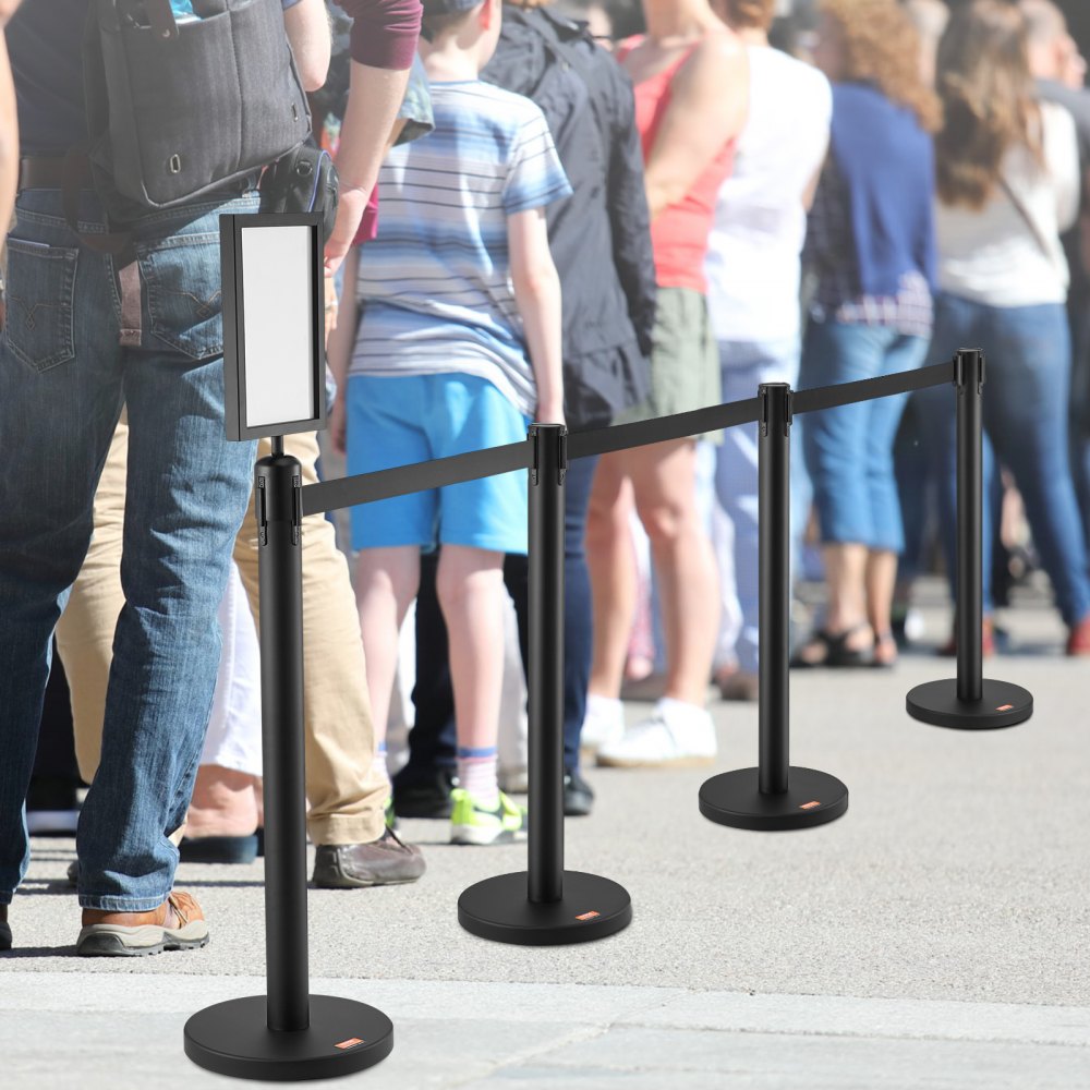 VEVOR Crowd Control System Barrier Tape Barrier Post 6-piece, 2 mx 48 mm Black Retractable Belt, Crowd Control System Barrier Posts with Signs for Airports, Trade Fairs, Competition Venues etc.