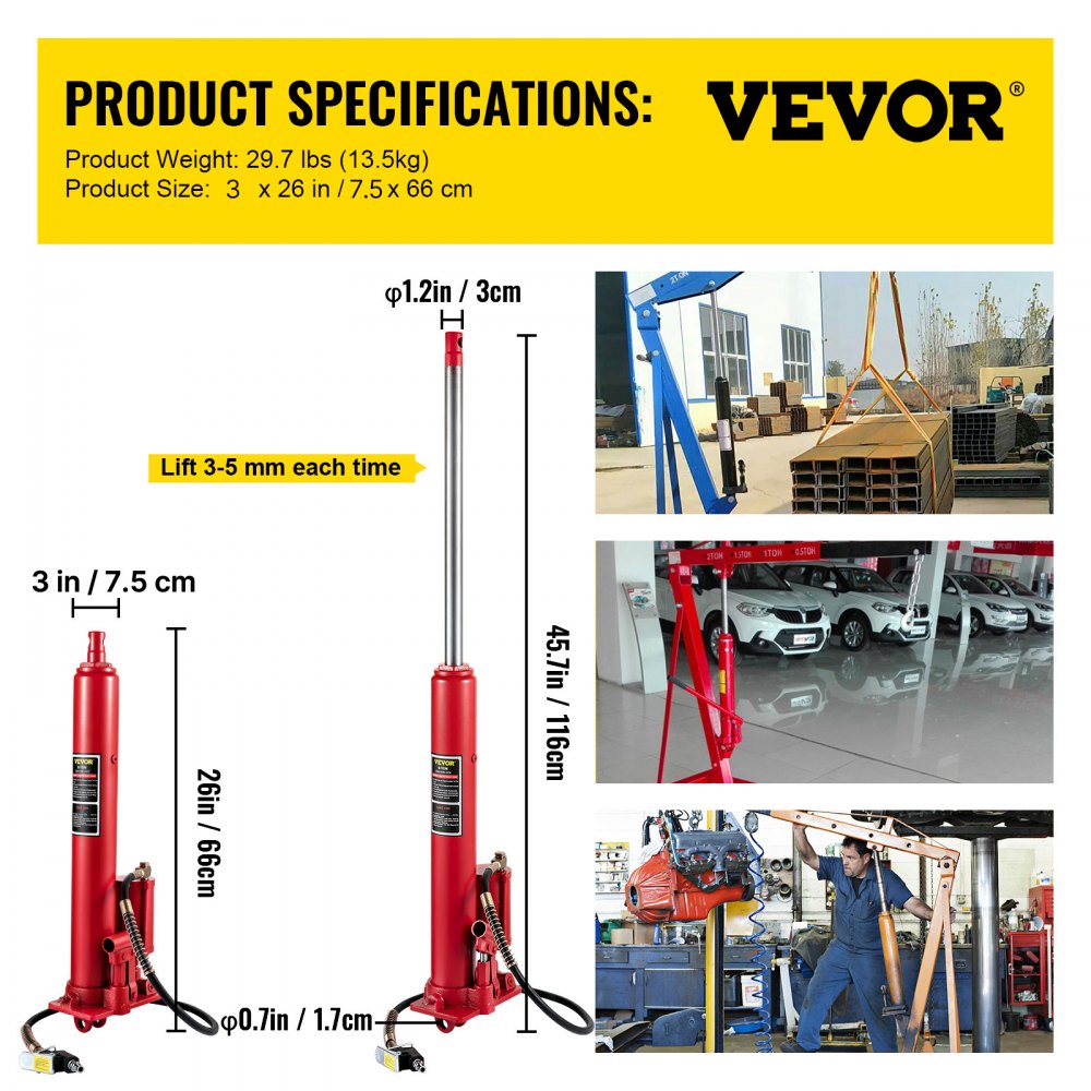 VEVOR Gato Hidráulico Neumático 8 T Para Grúa de Taller, Gato de Pistón Largo con Bomba Simple y Base de Horquilla, Cilindro Hidráulico para Motor de Cabra, para Elevación de Taller de Mantenimiento