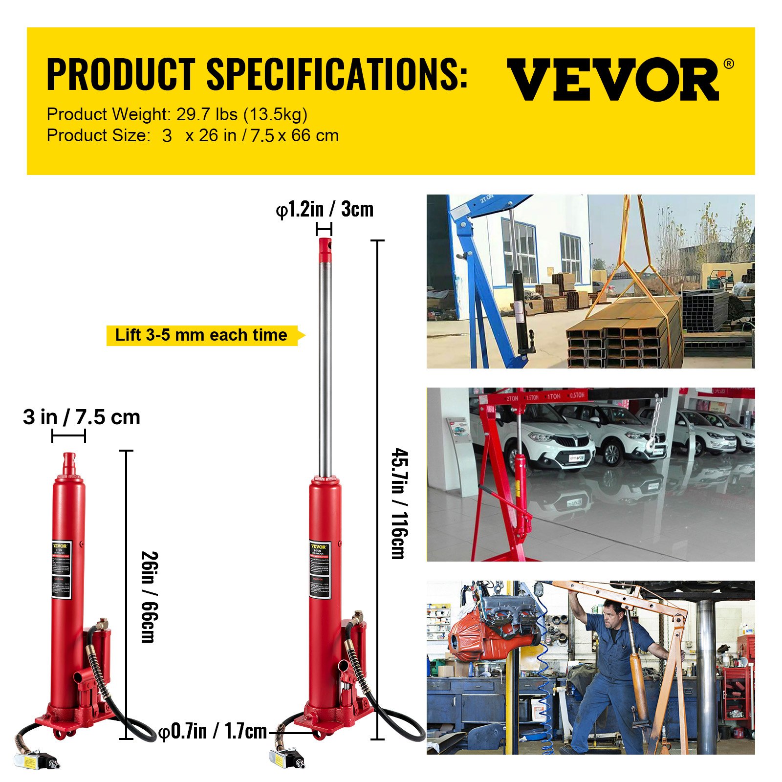 VEVOR 8-ton hydraulic pneumatic trolley jack with long piston, single piston pump, and clevis base; manual lifting platform with handle, for garages and workshops; engine lift, red