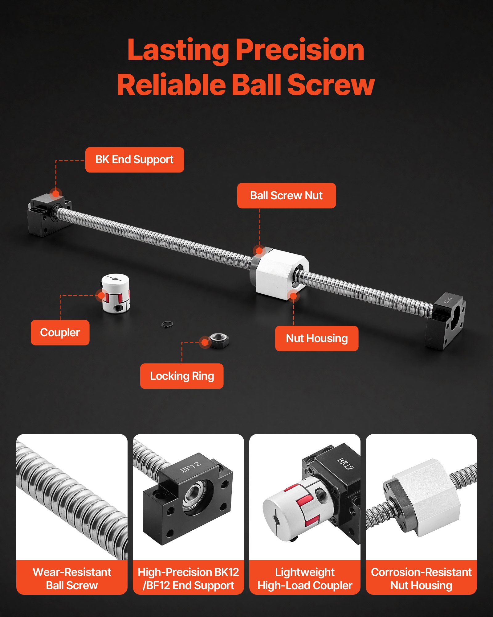 VEVOR Kit de Riel de Guía Lineal HGR20 2 Rieles 600 mm, 1 Husillo de Bolas y 4 Bloques Deslizantes, con Soporte de Extremo BF12/BK12 y Carcasa de Tuerca, para Fresadoras CNC de Bricolaje, Tornos