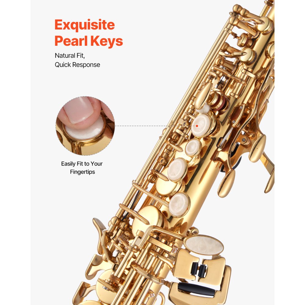 VEVOR Saxofón Soprano Recto en Si Bemol, kit de Saxofón de Metal con Estuche, Boquilla, Paño de Limpieza, Guantes y Correa para el Cuello, 23 Teclas para Músicos de Todos Los Niveles, Dorado