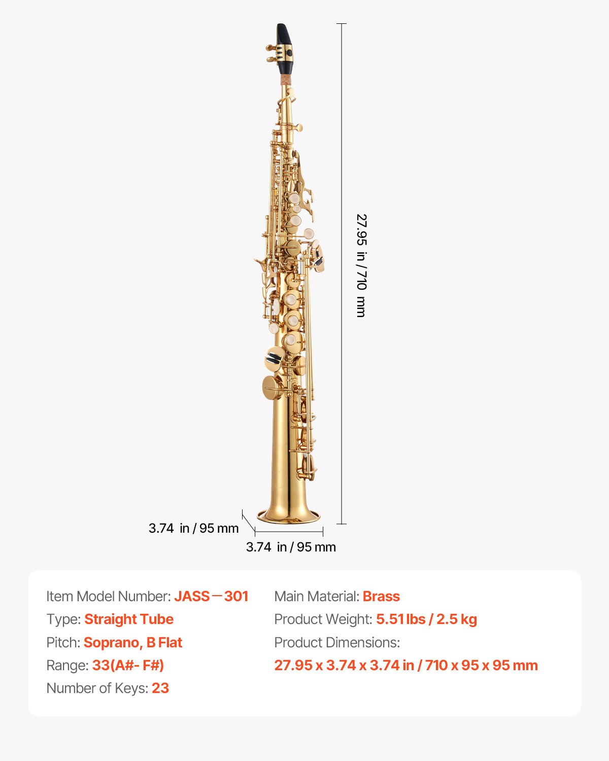 VEVOR Saxofón Soprano Recto en Si Bemol, kit de Saxofón de Metal con Estuche, Boquilla, Paño de Limpieza, Guantes y Correa para el Cuello, 23 Teclas para Músicos de Todos Los Niveles, Dorado