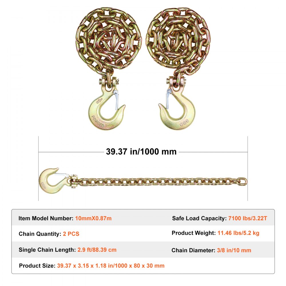 VEVOR G80 Transport Binding Chain, 3/8 inch x 2.9 ft, 2-Pack Tow Chain with Clevis Snap Hook, 7100 lbs Safe Working Load, Heavy-Duty Forestry Chain for Transporting Tow Truck Binding Equipment