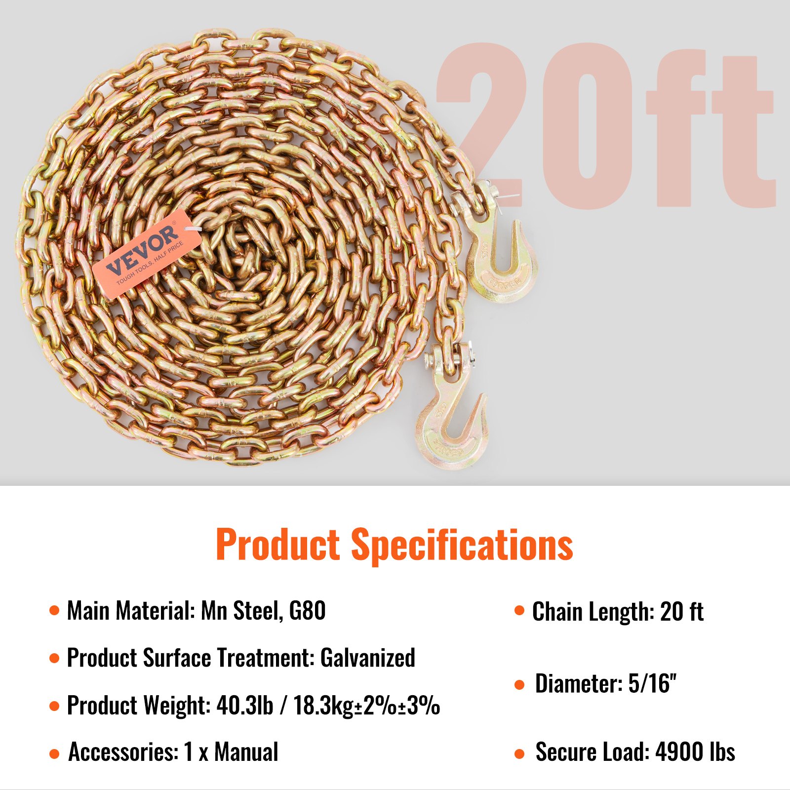 VEVOR Cadenas de Transporte con Ganchos 2 PCS Cadenas de Remolque G80 Capacidad de Carga de 2222kg 7,9mm x 6m Recubrimiento Galvanizado Acero al Manganeso para Sitio de Construcción Muelle de Fábrica