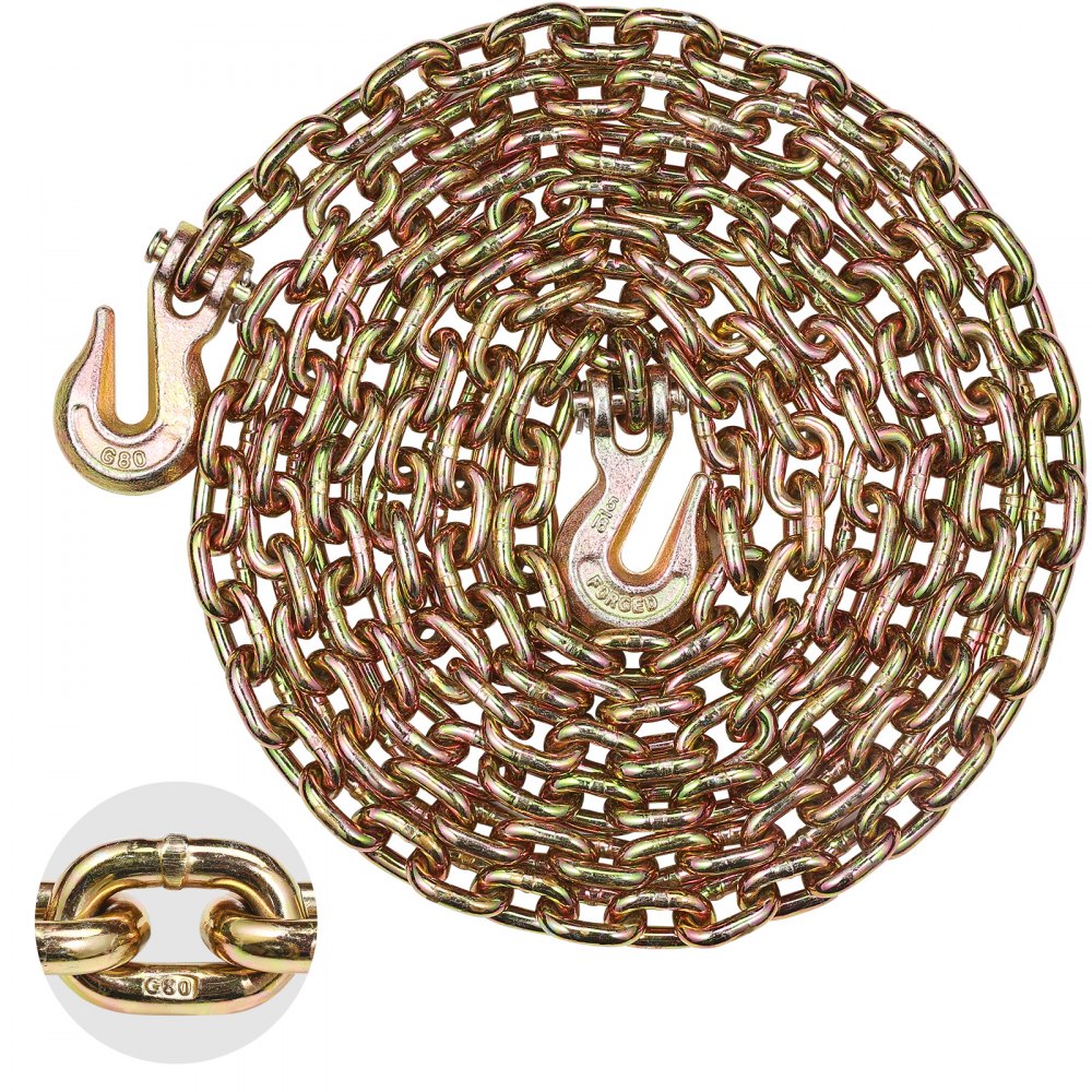 VEVOR Cadena de Remolque G80 con 2 Ganchos a Presión de Horquilla 1 Pieza 8 mm x 433 cm Carga de 2,22 T Cadena de Registro Resistente para Transportar Equipos Remolcar Camiones Vehículos