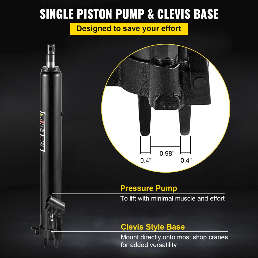 VEVOR Hydraulic Long Pile Jack, 3 t Capacity, with Single Piston Pump and Clevis Base, Manual Aerial Work Platform Jack with Handle, for Garage/Shop Cranes, Engine Lifting Device, Black