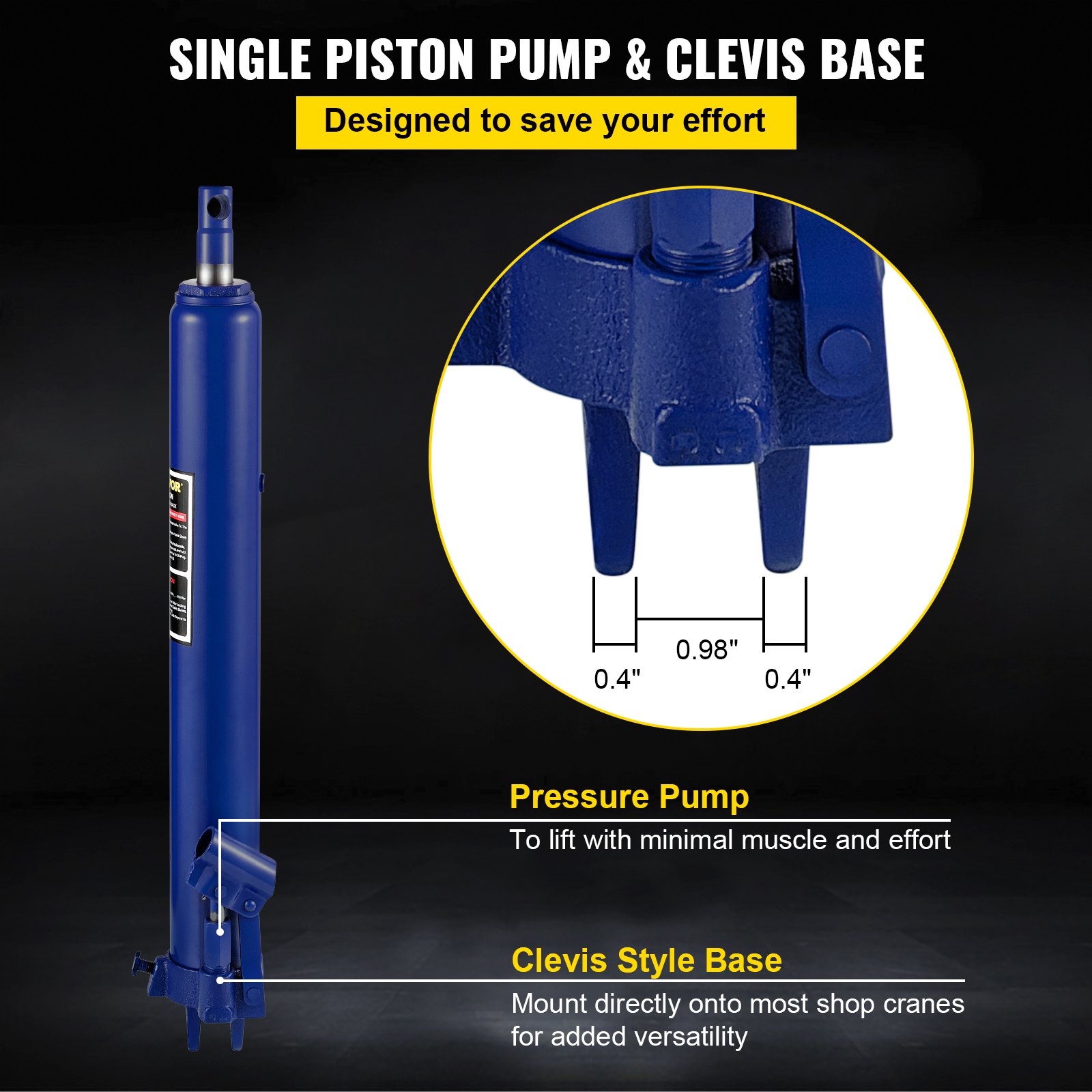 VEVOR Cilindro Hidráulico Largo para Grúa de Taller 8 T Soporte de Motor de Cilindro Hidráulico con Bomba de Pistón Simple y Base de Horquilla Varilla Hidráulica para Motor de Elevación de Cabra, Azul