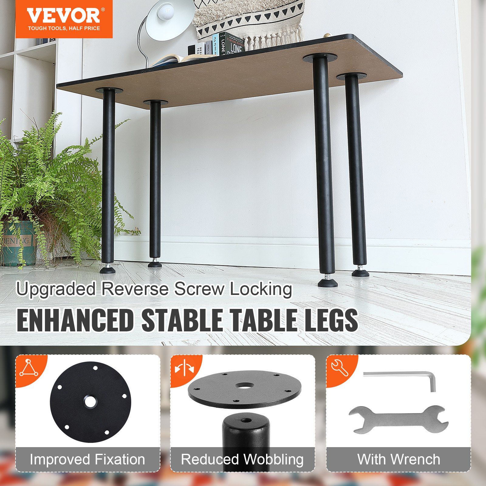 VEVOR 4-piece set of table legs, 711.2mm high, 110mm mounting plate, carbon steel, matte black powder coating, 544kg load capacity. Ideal for kitchen tables, living room consoles, studio tables.