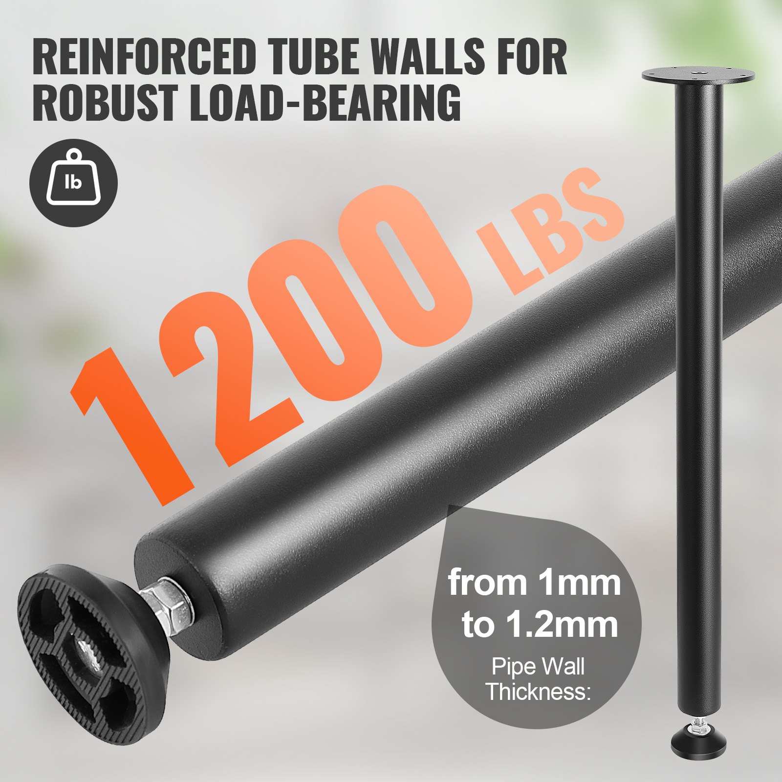 VEVOR 4-piece set of table legs, 711.2mm high, 110mm mounting plate, carbon steel, matte black powder coating, 544kg load capacity. Ideal for kitchen tables, living room consoles, studio tables.