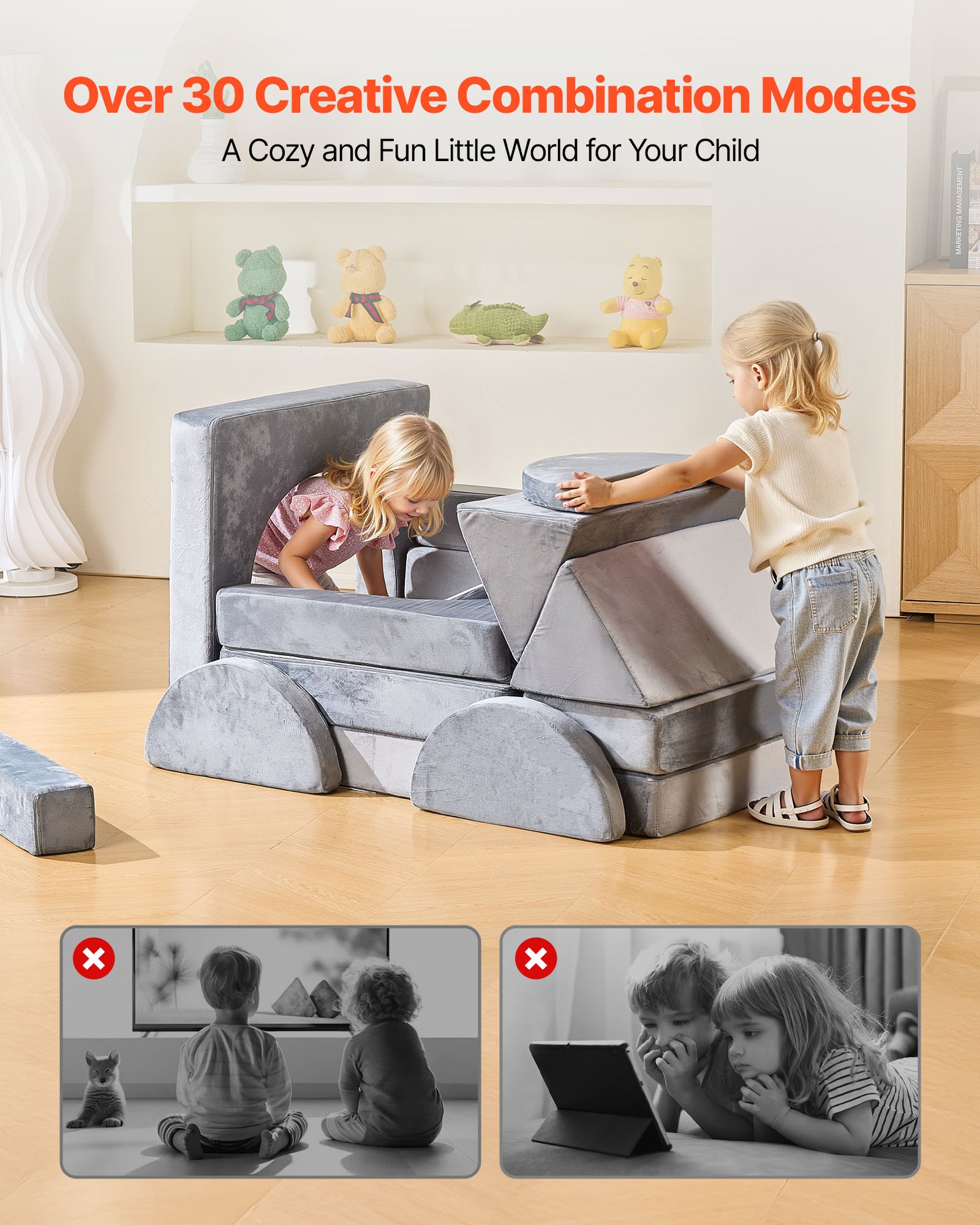 VEVOR Sofá Modular para Niños, Sofá Convertible Seccional de Esponja 28D y Pelo Corto con Reposabrazos, Combinación Creativa DIY para Sala de Juegos, Sala de Estar para Niños, 14 Piezas, Gris