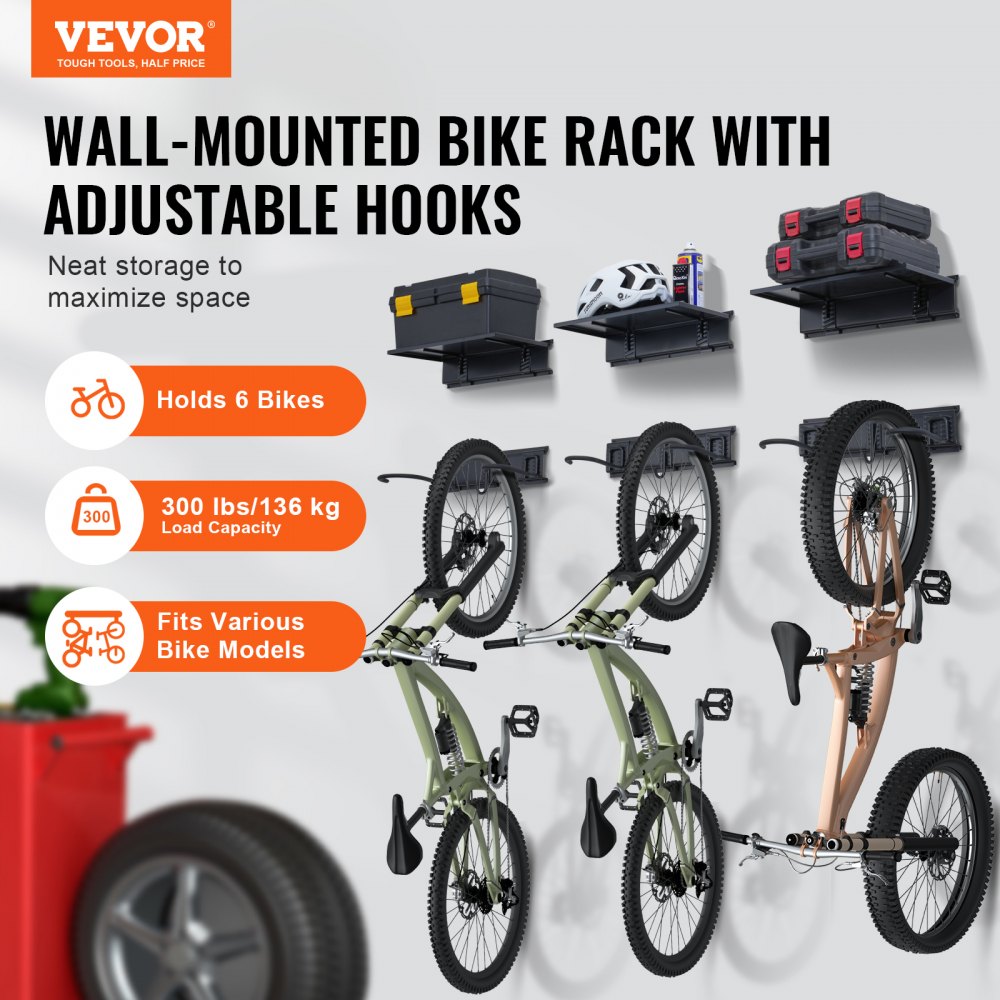 VEVOR Estante para almacenamiento de bicicletas, 6 portabicicletas y 3 ganchos para cascos, colgador de pared para almacenamiento de bicicletas con 3 estantes, organizador para el hogar y el garaje, personalizable para varios tamaños de bicicletas, soporta hasta 300 libras, 48 ​​pulgadas