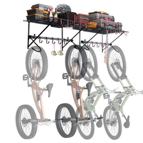 VEVOR Estante de almacenamiento para bicicletas, 4 estantes para bicicletas, colgador de pared para almacenamiento de bicicletas con 2 estantes, organizador para el hogar y el garaje, personalizable para varios tamaños de bicicletas, soporte ajustable, soporta hasta 500 libras, 63 pulgadas