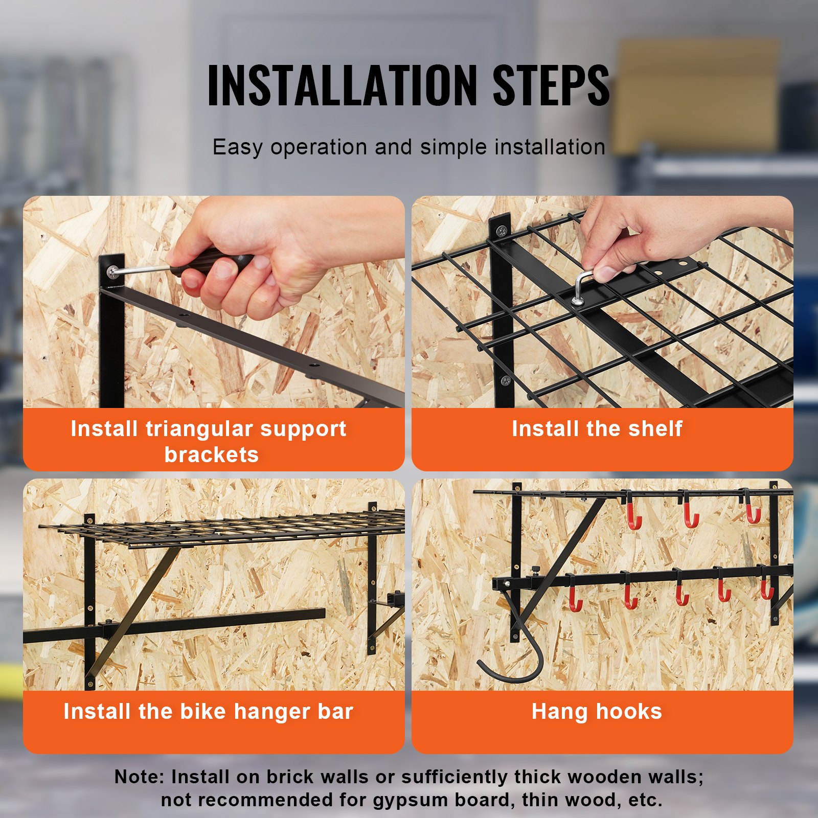 VEVOR Estante de almacenamiento para bicicletas, 4 estantes para bicicletas, colgador de pared para almacenamiento de bicicletas con 2 estantes, organizador para el hogar y el garaje, personalizable para varios tamaños de bicicletas, soporte ajustable, soporta hasta 500 libras, 63 pulgadas