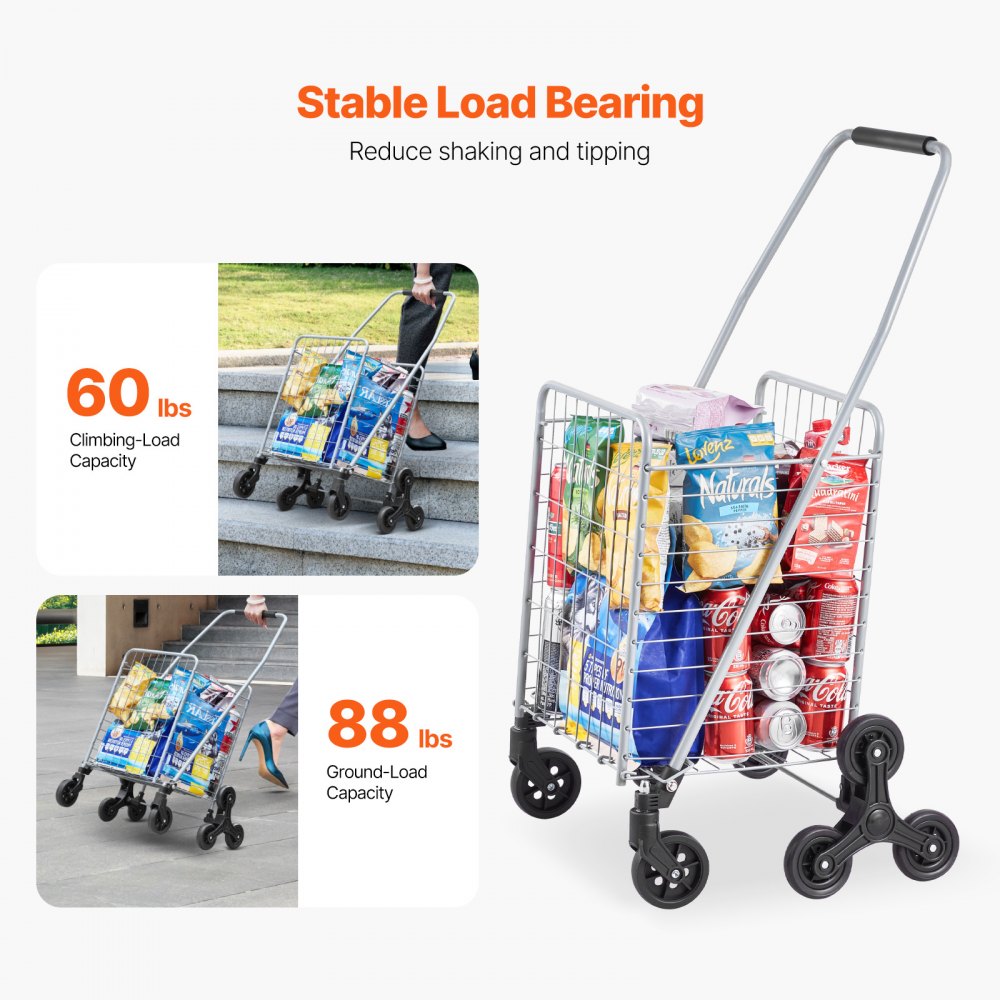VEVOR Carro de Compra Plegable 45 L Carro para Subir Escaleras con Ruedas Giratorias de 360° Carro Utilitario Ligero 510 x 530 x 950 mm para Compras, Oficina, Mudanzas, Transporte, Exterior, Plata