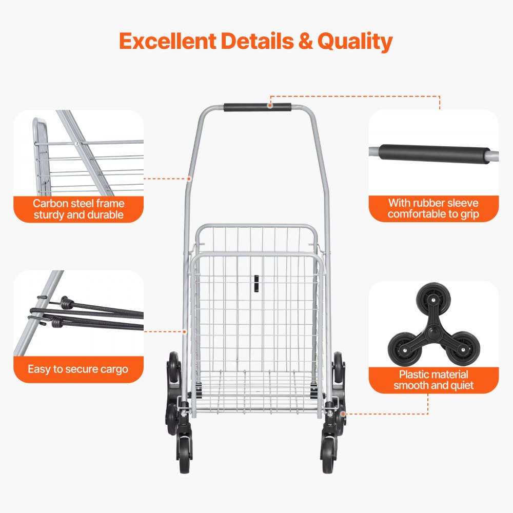 VEVOR Carro de Compra Plegable 45 L Carro para Subir Escaleras con Ruedas Giratorias de 360° Carro Utilitario Ligero 510 x 530 x 950 mm para Compras, Oficina, Mudanzas, Transporte, Exterior, Plata